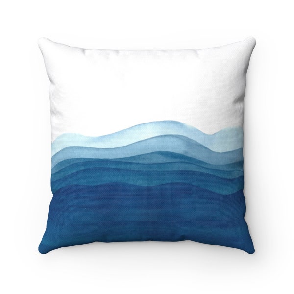 Blue Waves Abstract Art Throw Pillow Cover, Lake House Decor, Watercolor Ocean Navy Nautical Pillow, Modern Minimalist Sea Blue Pillow Case