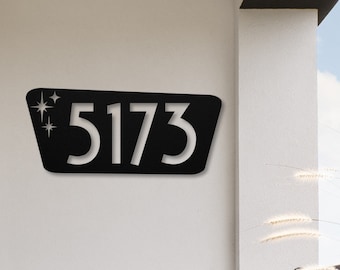 Mid Century Modern Custom House Number Sign, Mcm Atomic Starburst Metal Address Sign for House, Personalized Funky Retro Metal Door Sign