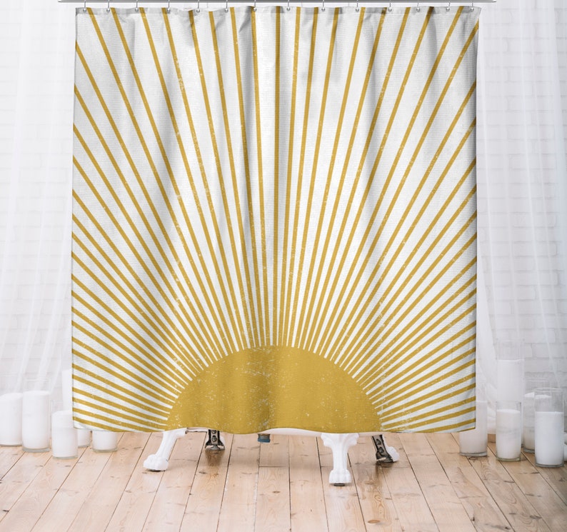Boho Shower Curtain, Mid Century Modern Sun Bohemian Retro Shower Curtain, Mustard Yellow Vintage Style Distressed Sunburst, Grunge Sunrays image 3