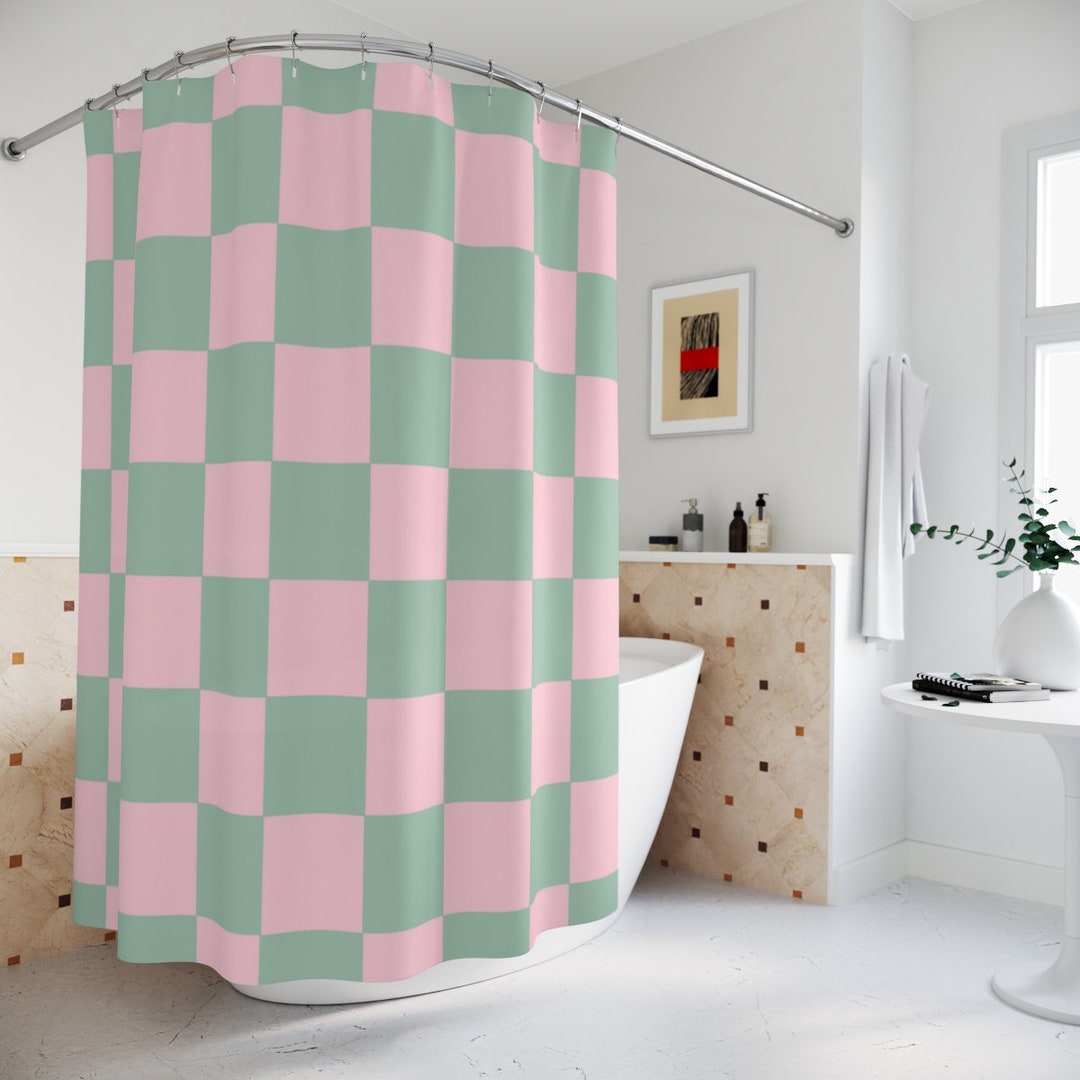 Sage Green Pink Checkered Boho Shower Curtain, Retro Shower Curtain
