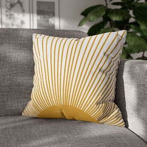 Boho Throw Pillow, Mustard Yellow Distressed Retro Sunburst Throw Pillow Cover, Mid Century Modern Sun Vintage Style Grunge Bohemian Decor
