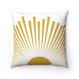Boho Throw Pillow, Mustard Yellow White Mid Century Modern Sunset Throw Pillow Cover, Sunburst Retro Decorative Pillows, Bohemian Cushion
