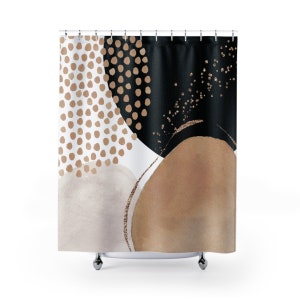 Abstract Art Shower Curtain, Boho Chic Modern Watercolor Shapes in Beige Tan Black Ivory White and Gold, Elegant Aesthetic Bohemian Bathroom