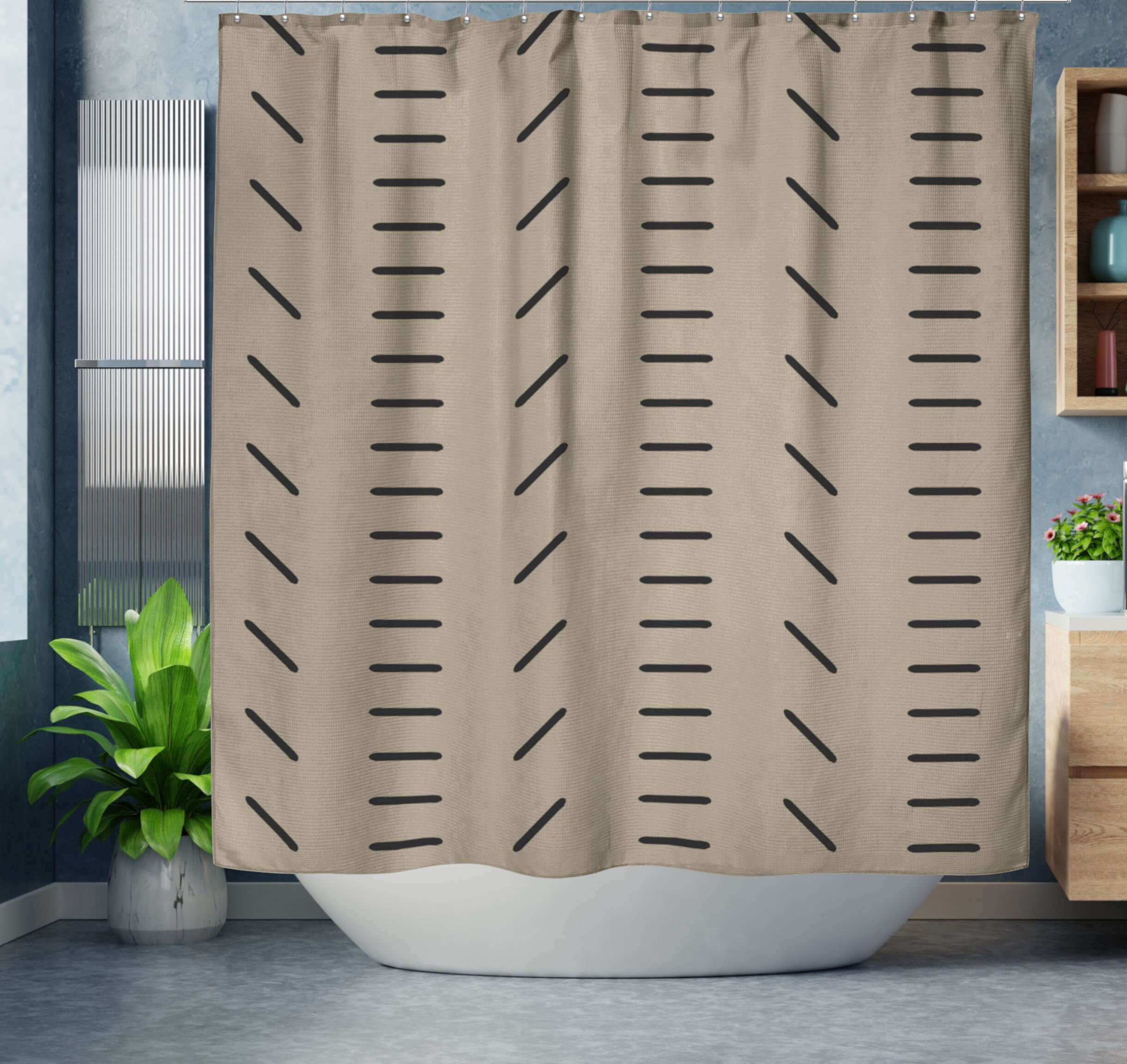 Beige Minimalist Boho Shower Curtain Mudcloth Print Minimal Etsy