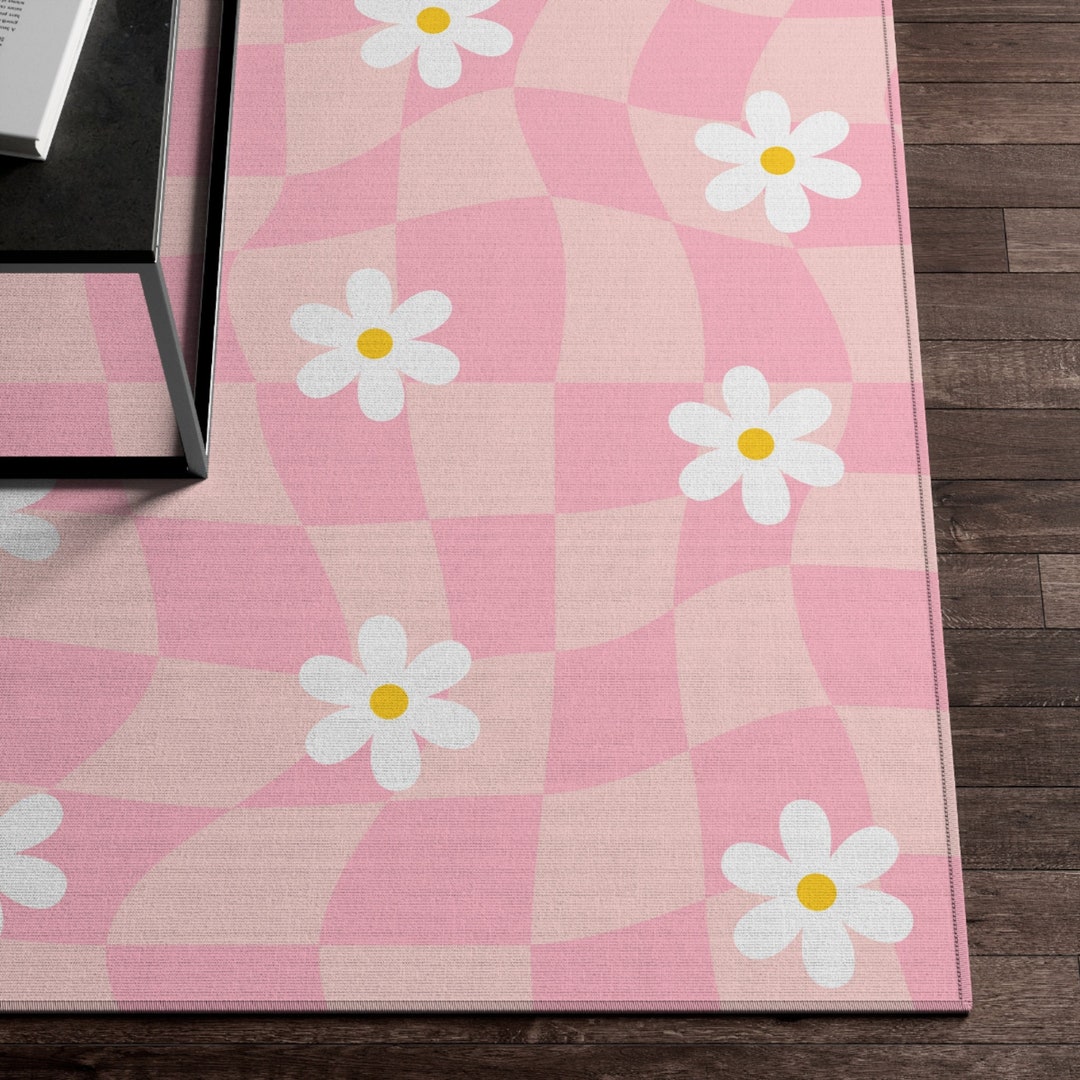 Pink Checkered Rug, Checkerboard Daisy Flower Rug, Preppy Room Decor ...
