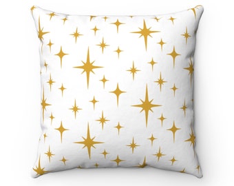 Retro Throw Pillow Cover, White and Mustard Atomic Starburst Mid Century Modern Boho Decorative Pillow, 1950s 1960s Vintage Style Home Decor