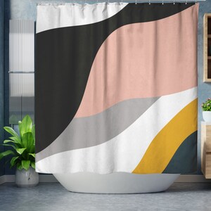 May include: Abstract shower curtain with a wavy design in black, pink, gray, white, and yellow.