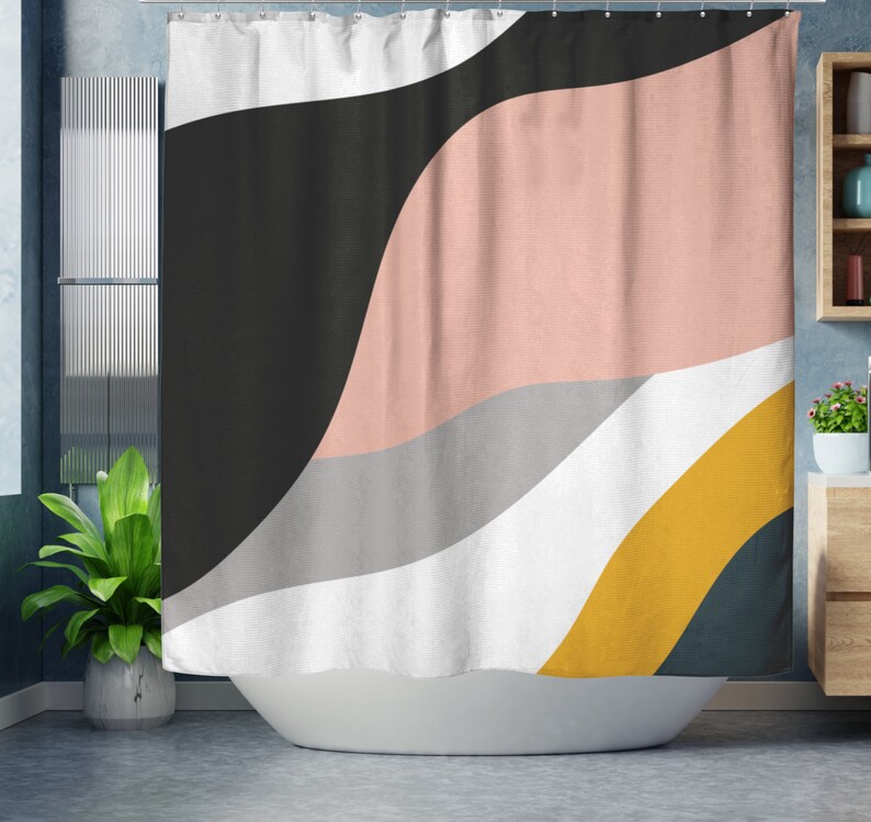 May include: Abstract shower curtain with a wavy design in black, pink, gray, white, and yellow.