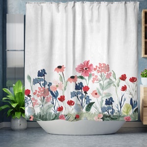 Cortina de ducha de granja, Acuarela Flores silvestres Cortina de ducha floral botánica, Baño de granja moderna, Cortina de baño de flores silvestres rosas