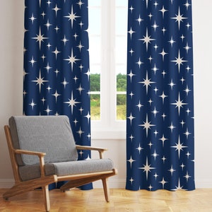 Mid Century Modern Boho Curtains, Retro Blackout Curtains, Navy Blue Atomic Starburst Sheer Curtains, Vintage Style 50s 60s Funky Decor
