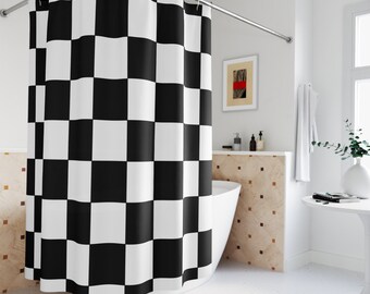 Rideau de douche bohème à carreaux noir et blanc, rideau de douche rétro en damier, décor abstrait génial Y2K, salle de bain esthétique indépendante des années 90 00