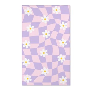 Checkered Rug, Preppy Room Decor, Purple Pink Wavy Checkerboard Rug, Daisy Flower Cute Rug, Danish Pastel Room Decor, Aesthetic Y2K Area Rug 36x60 inches