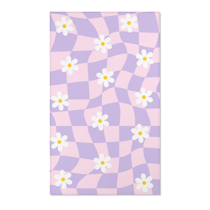 Checkered Rug, Preppy Room Decor, Purple Pink Wavy Checkerboard Rug, Daisy Flower Cute Rug, Danish Pastel Room Decor, Aesthetic Y2K Area Rug 36x60 inches