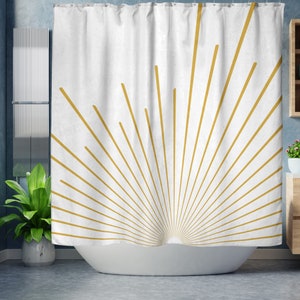 Boho Shower Curtain, Sunburst Bohemian Shower Curtain, Boho Chic Yellow Sunrays, Minimalist Sunrise Shower Curtain
