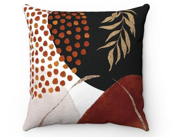 Abstract Art Throw Pillow, Boho Chic Aesthetic Pillow Cover, Black Rust Terracotta Gold Abstract Shapes, Modern Botanical Accent Pillow Case