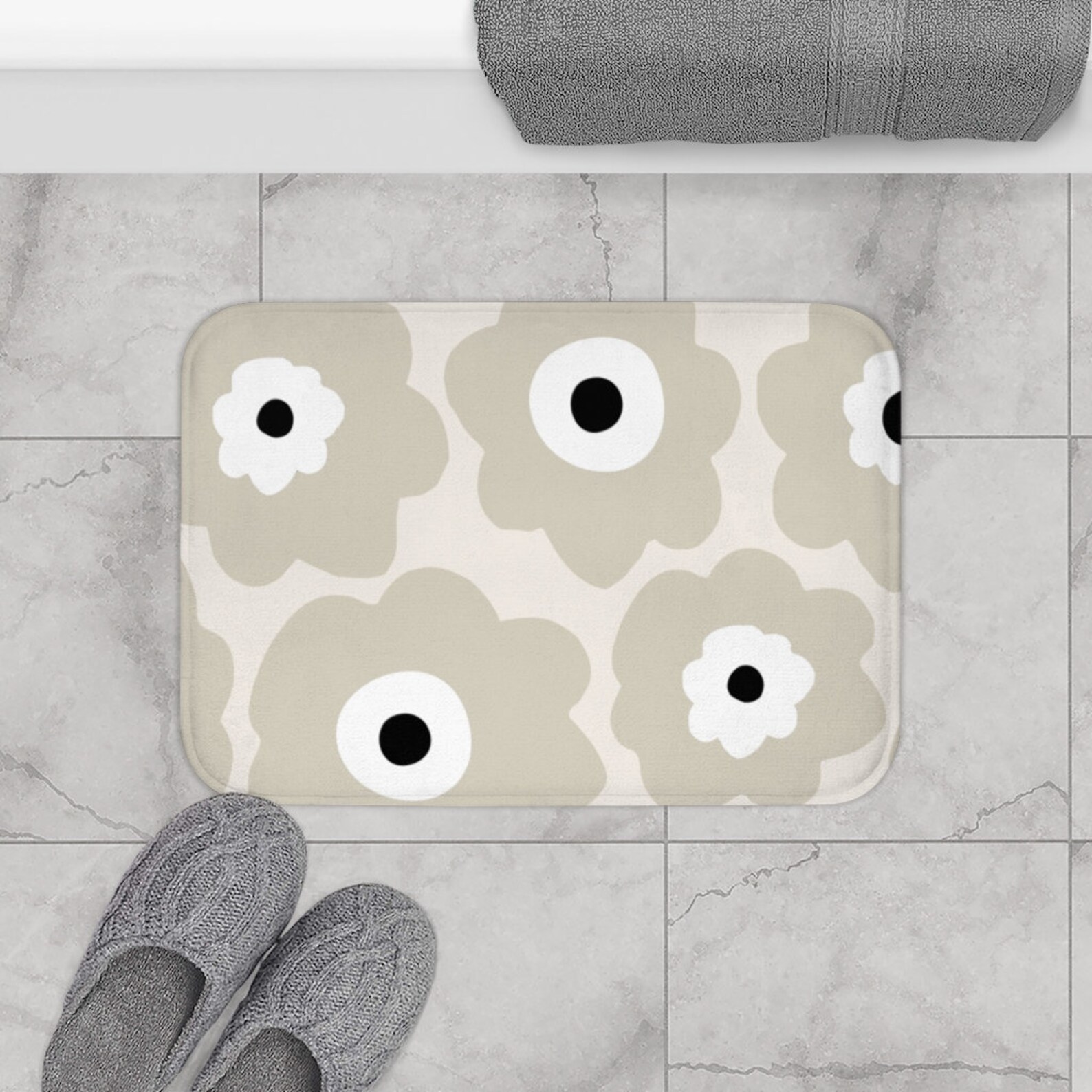 Boho Bath Mat Retro Poppies Bohemian Bath Mat Beige Black Etsy