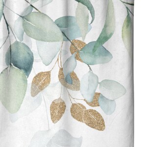May include: Watercolor design featuring eucalyptus leaves in shades of green and blue, with gold glitter accents. The leaves are arranged on a white background, creating a botanical pattern. The design is suitable for home decor or fabric.