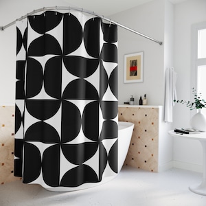 Retro Shower Curtain, Black & White Bauhaus Abstract Shapes Mid Century Modern Boho Shower Curtain, Funky Vintage Style Geometric Bathroom