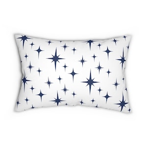 Retro Lumbar Pillow, Navy White Atomic Starburst Mid Century Modern Boho Throw Pillow Cover, Dark Blue 1950s 1960s Vintage Style Home Decor