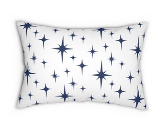 Retro Lumbar Pillow, Navy White Atomic Starburst Mid Century Modern Boho Throw Pillow Cover, Dark Blue 1950s 1960s Vintage Style Home Decor