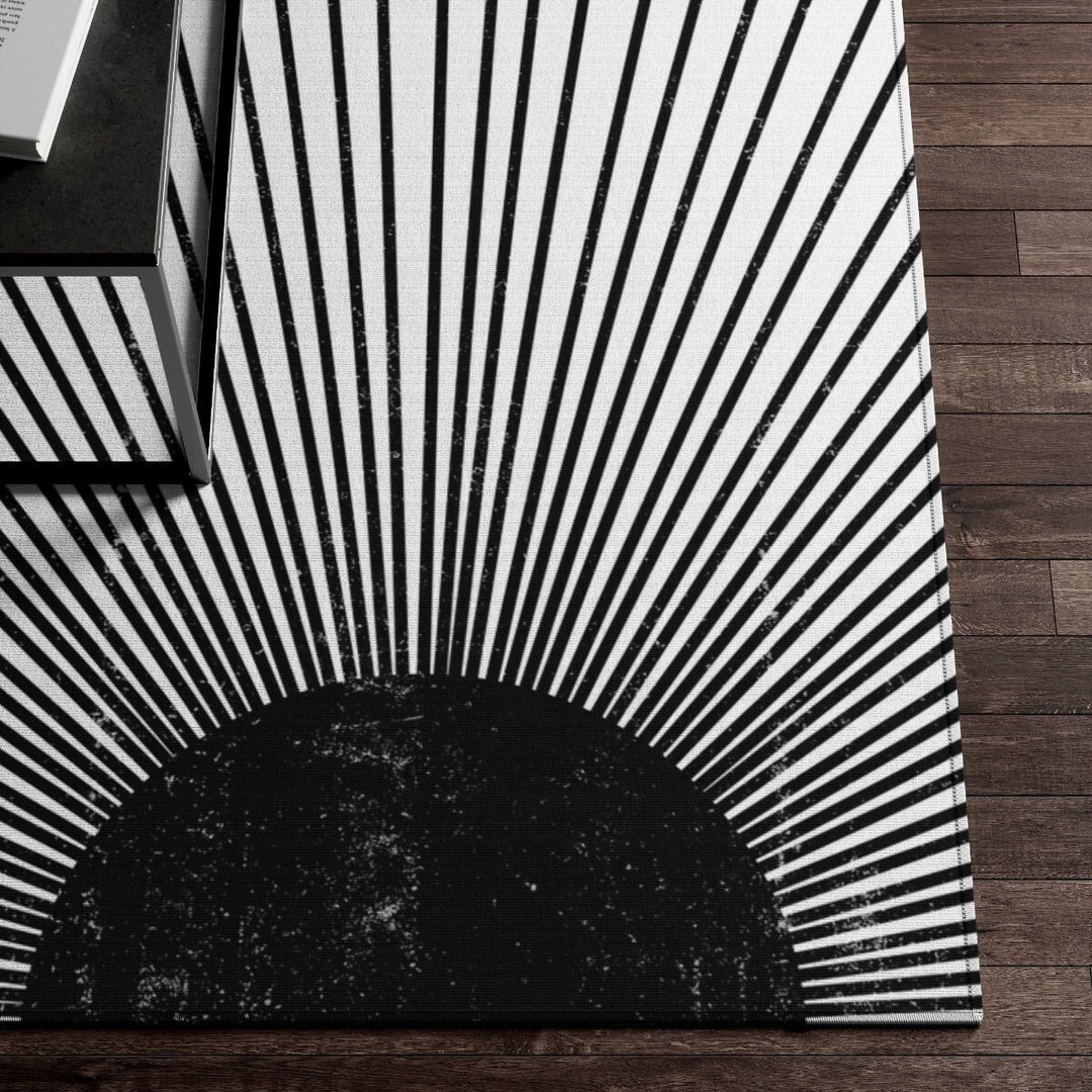 Abstract Sunshine Rug Boho Rug, Mid Century Modern Sun Area Rug, Black & White Funky Abstract ...