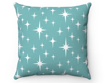 Retro Throw Pillow Cover, Aqua and White Atomic Starburst Mid Century Modern Boho Decorative Pillows, 50s 60s Funky Vintage Style Home Decor