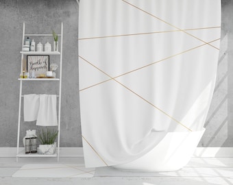 Minimalist Geometric Shower Curtain, White and Gold Brown Modern Shower Curtain, Minimal Elegant Bathroom