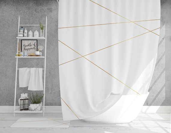 Minimalist Geometric Shower Curtain White and Gold Brown Modern