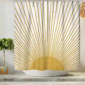 Boho Shower Curtain, Mid Century Modern Sun Bohemian Retro Shower Curtain, Mustard Yellow Vintage Style Distressed Sunburst, Grunge Sunrays image 2
