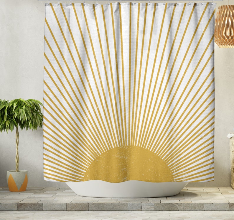 Boho Shower Curtain, Mid Century Modern Sun Bohemian Retro Shower Curtain, Mustard Yellow Vintage Style Distressed Sunburst, Grunge Sunrays image 2