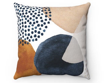 Abstract Art Pillow Cover, Boho Throw Pillow Cover with Watercolor Shapes in Navy, Burnt Orange, Beige, Bohemian Chic Decorative Pillowcase