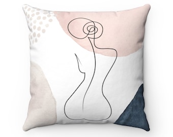 Abstract Art Pillow Cover, Boho Throw Pillow Cover with Female Body Line Art, Pink Navy Ivory, Aesthetic Bohemian Chic Decorative Pillowcase