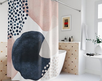 Abstract Art Pink Blue Boho Shower Curtain, Boho Chic Modern Elegant Shower Curtain, Navy Blush Ivory Watercolor Shapes, Cute Shower Curtain