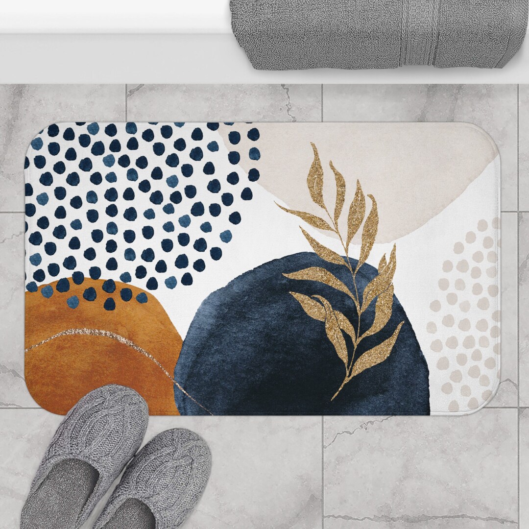 Boho Chic Bath Mat, Abstract Art Bath Rug W/ Organic Watercolor Shapes