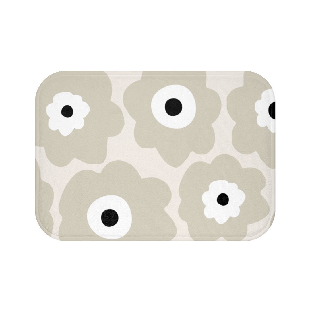 Boho Bath Mat, Retro Poppies Bohemian Bath Mat, Beige Black and White Floral Poppy Retro Bath