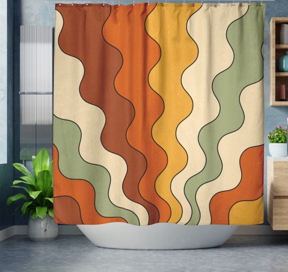 NTETSN Boho Geometric Shower Curtain - Yellow & Brown Vintage 50s/60s Pattern, 72x72", Waterproof - View #8