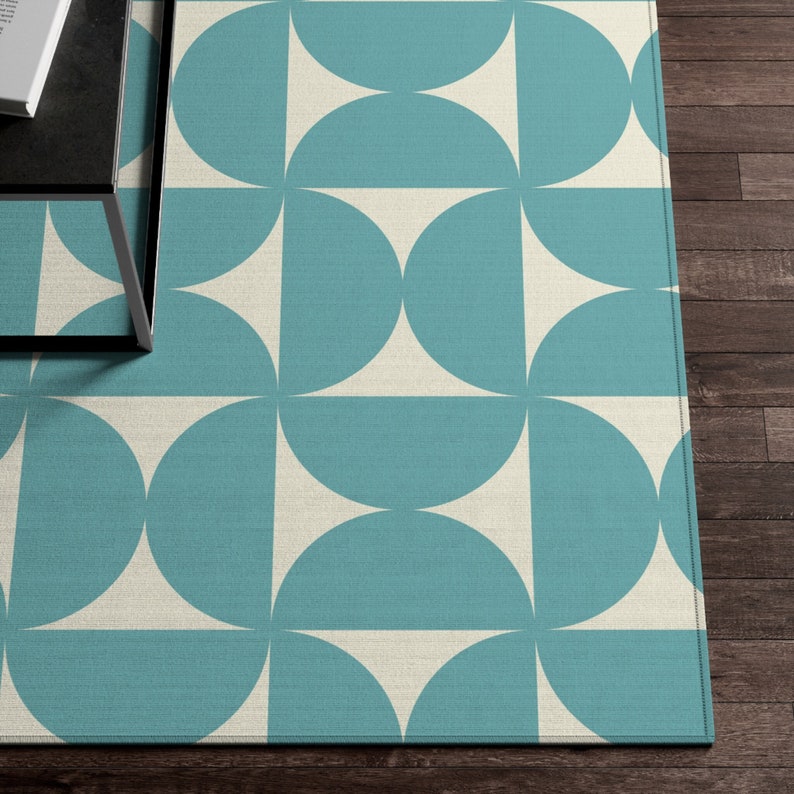 Mid Century Modern Area Rug, Retro Boho Rug, Aqua Cream Abstract Shapes ...