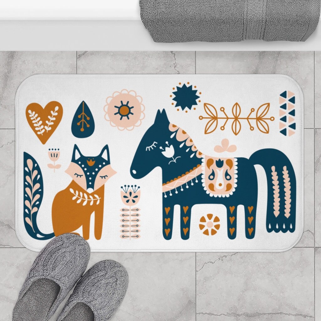 Scandinavian Folk Art Bath Mat Burnt Orange Blue and Pink Etsy