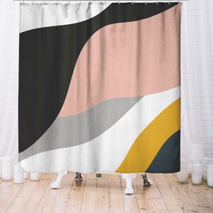 May include: Abstract shower curtain with a wavy design in black, pink, gray, white, and yellow.