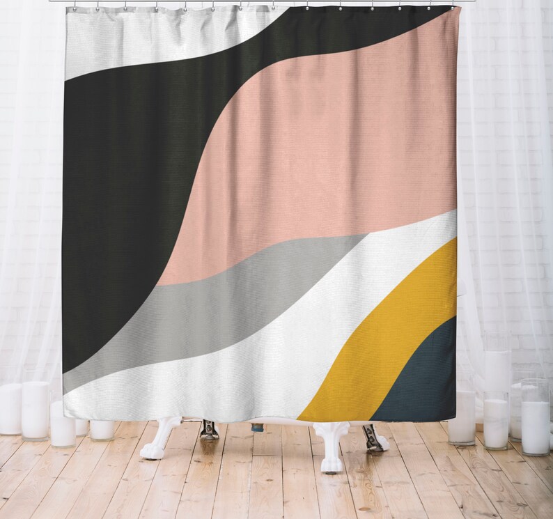 May include: Abstract shower curtain with a wavy design in black, pink, gray, white, and yellow.