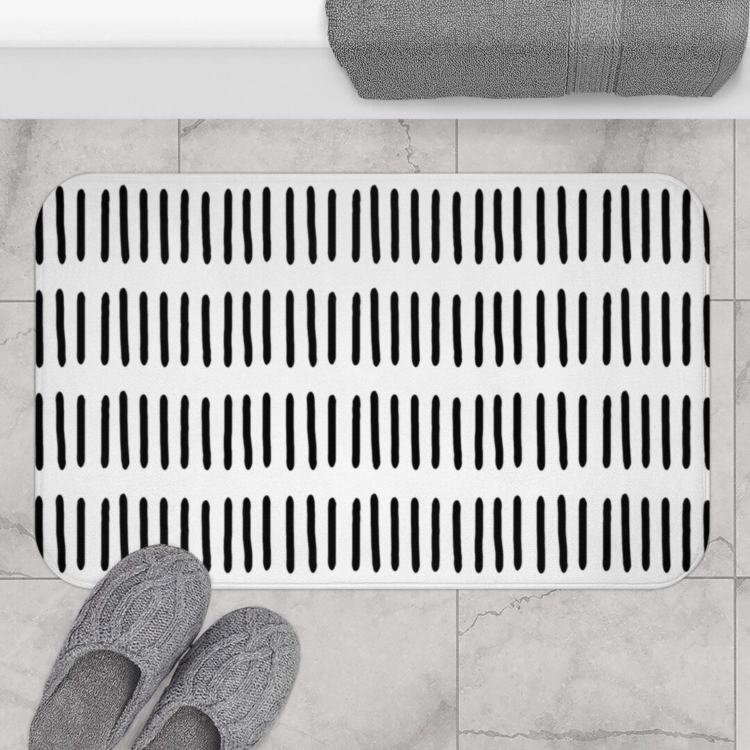 Boho Bath Mat, Minimalist Mudcloth Pattern Black and White Bath