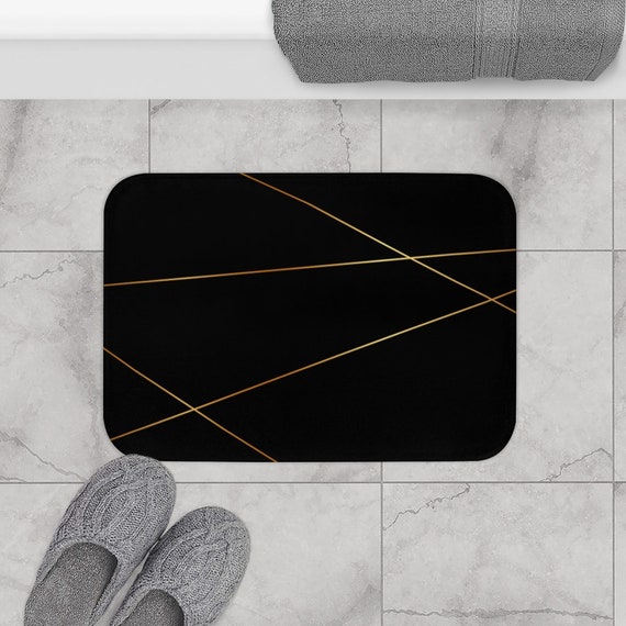 Minimalist Geometric Bath Mat, Black and Gold Brown Modern Bath Rug,  Minimal Stylish Shower Mat, Elegant Bathroom Decor 