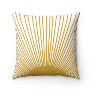 Boho Throw Pillow, Mustard Yellow Distressed Retro Sunburst Throw Pillow Cover, Mid Century Modern Sun Vintage Style Grunge Bohemian Decor