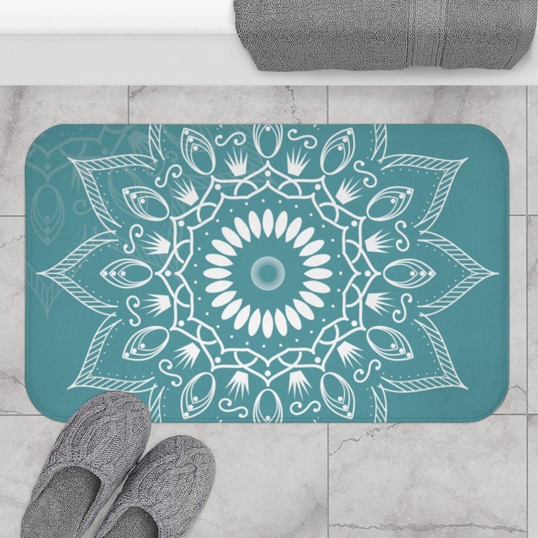 Boho Bath Mat, Mandala Flower Bohemian Bath Mat, Boho Chic Aqua Bath