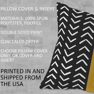 May include: Black and white pillow cover with a chevron pattern and a mustard yellow border. The pillow cover is made from 100% spun polyester and has a concealed zipper. It is printed and shipped from the USA.