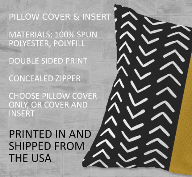 May include: Black and white pillow cover with a chevron pattern and a mustard yellow border. The pillow cover is made from 100% spun polyester and has a concealed zipper. It is printed and shipped from the USA.