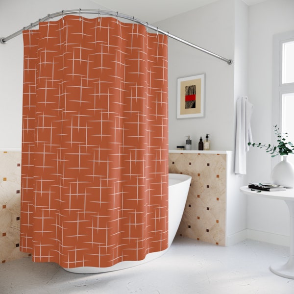 Pink Terracotta Atomic Starburst Mid Century Modern Boho Shower Curtain, Retro Vintage Style Mcm 50s 60s Bathroom, Mid Mod Funky Home Decor