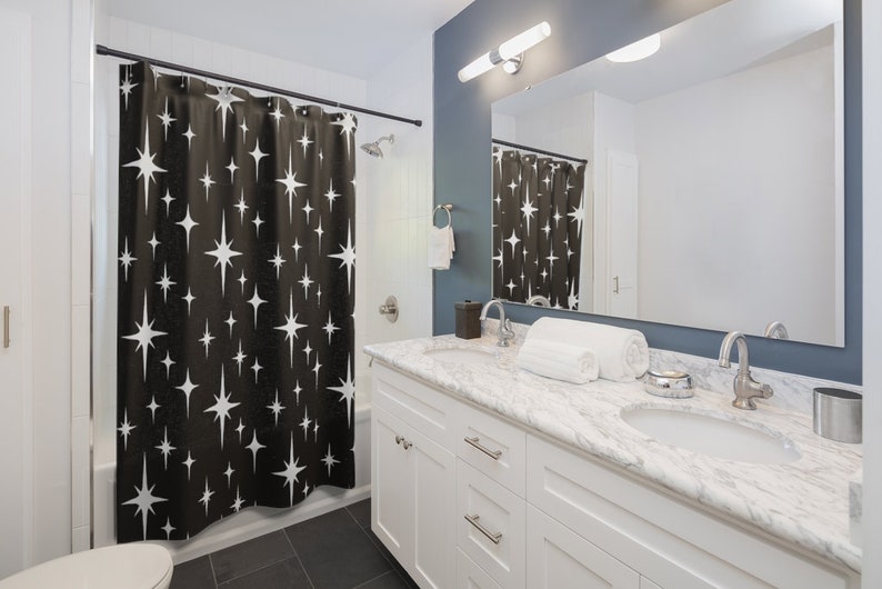 Retro Shower Curtain Black and White Atomic Starburst Mid Etsy