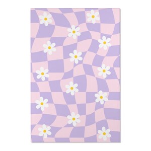 Checkered Rug, Preppy Room Decor, Purple Pink Wavy Checkerboard Rug, Daisy Flower Cute Rug, Danish Pastel Room Decor, Aesthetic Y2K Area Rug 48x72 inches