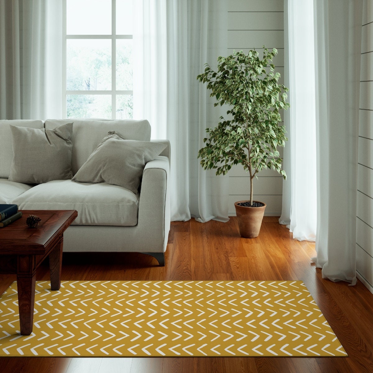 Boho Rug, Mudcloth Chevron Pattern Mustard Area Rug, Modern Minimalist ...